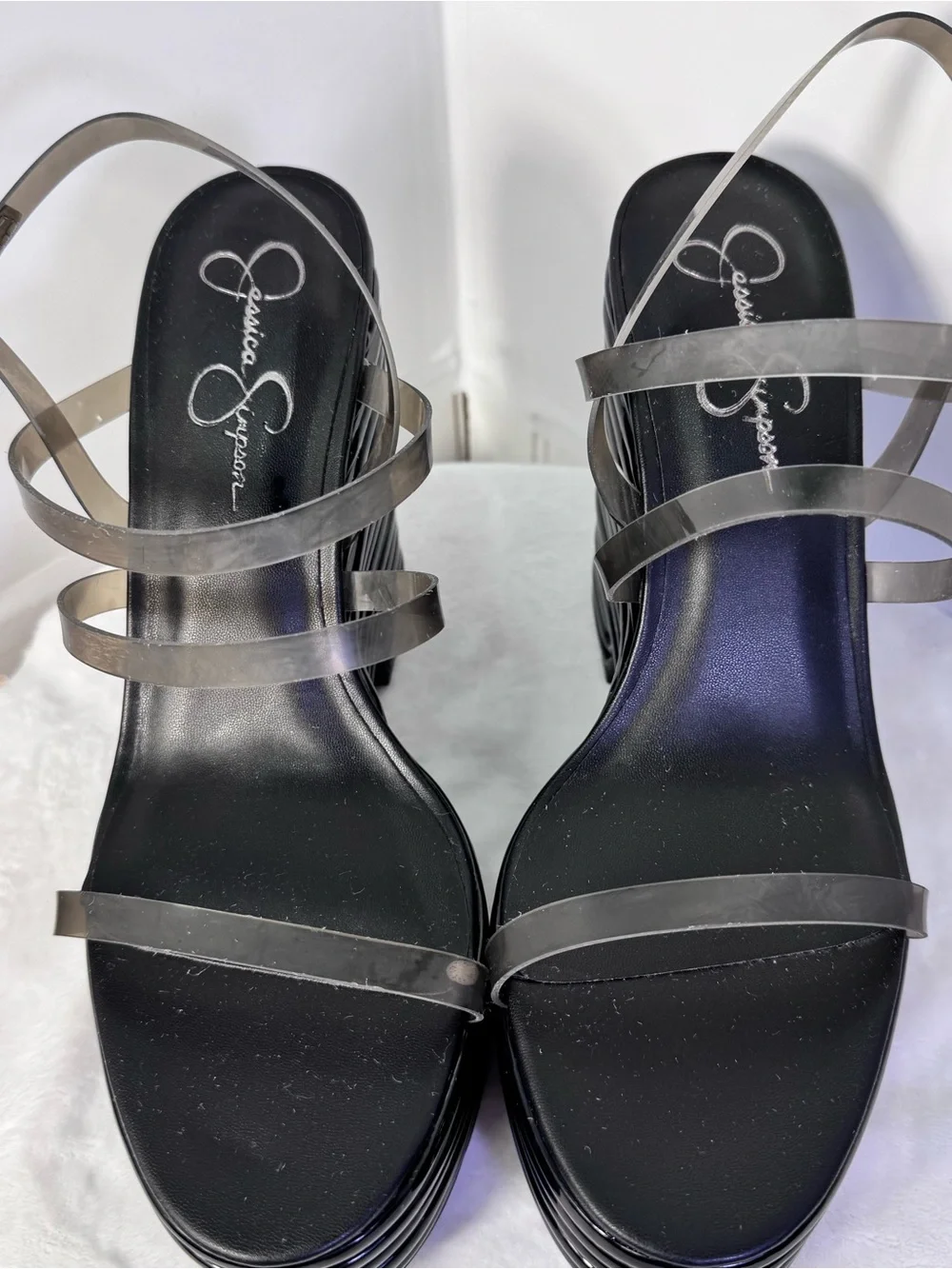 Jessica Simpson Clear Strap Platform Wedge Sandals Black 41/10 NWOB Y2K